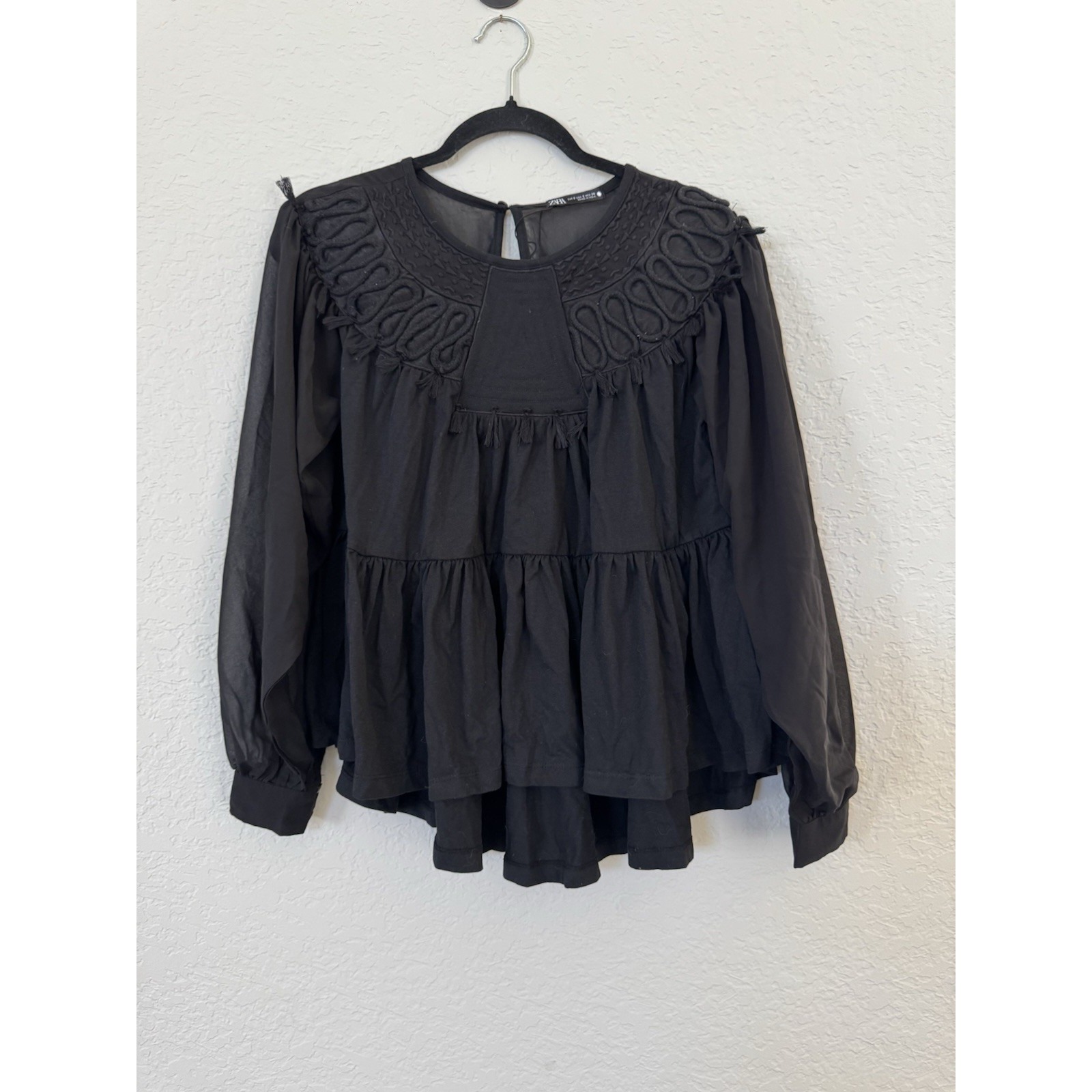 Zara Womens Shirt Top Tiered Ruffle Hem Black Embroidered Xs Nwt